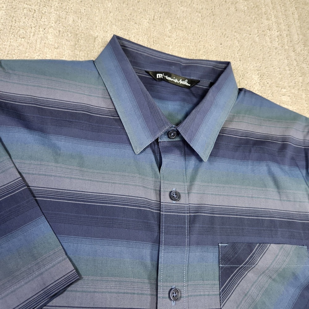 Travis Mathew Shirt Men Large Performance Button Up Blue Striped Stretch Golf